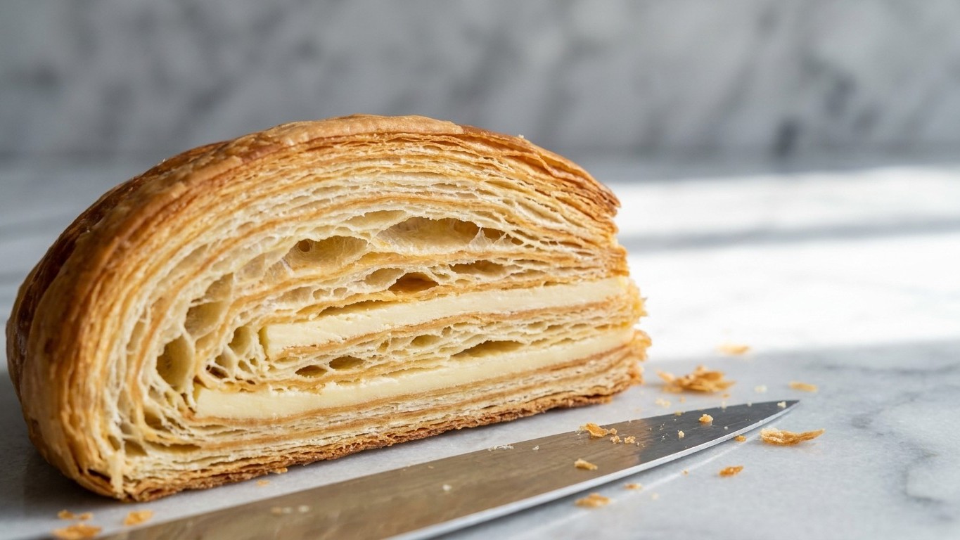 J'enchaînais les tours de feuilletage sans m'arrêter pour aller plus vite : en coupant la pâte à la sortie du four, j'ai c...