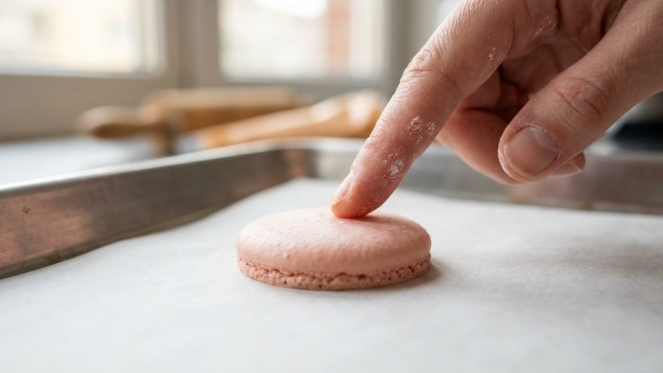 J'enfournais mes macarons dès la poche finie : en touchant la surface du doigt, j'ai compris pourquoi ils éclataient à cha...