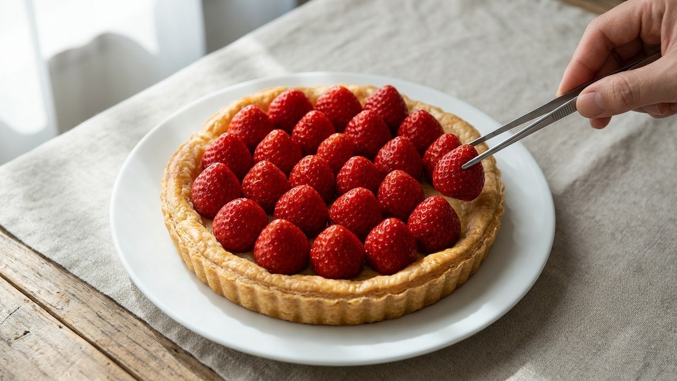 Je disposais mes fraises crues sur le sablé dès le matin pour gagner du temps : quand j'ai démoulé la tarte au moment de s...