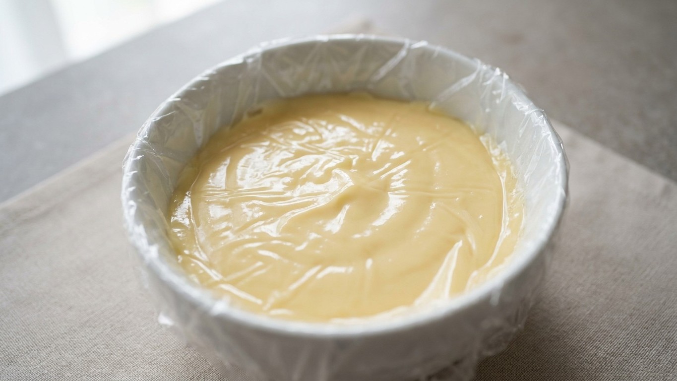 Je laissais ma crème pâtissière refroidir sans rien dessus : en la mélangeant à ma garniture, j'ai compris d'où venaient c...