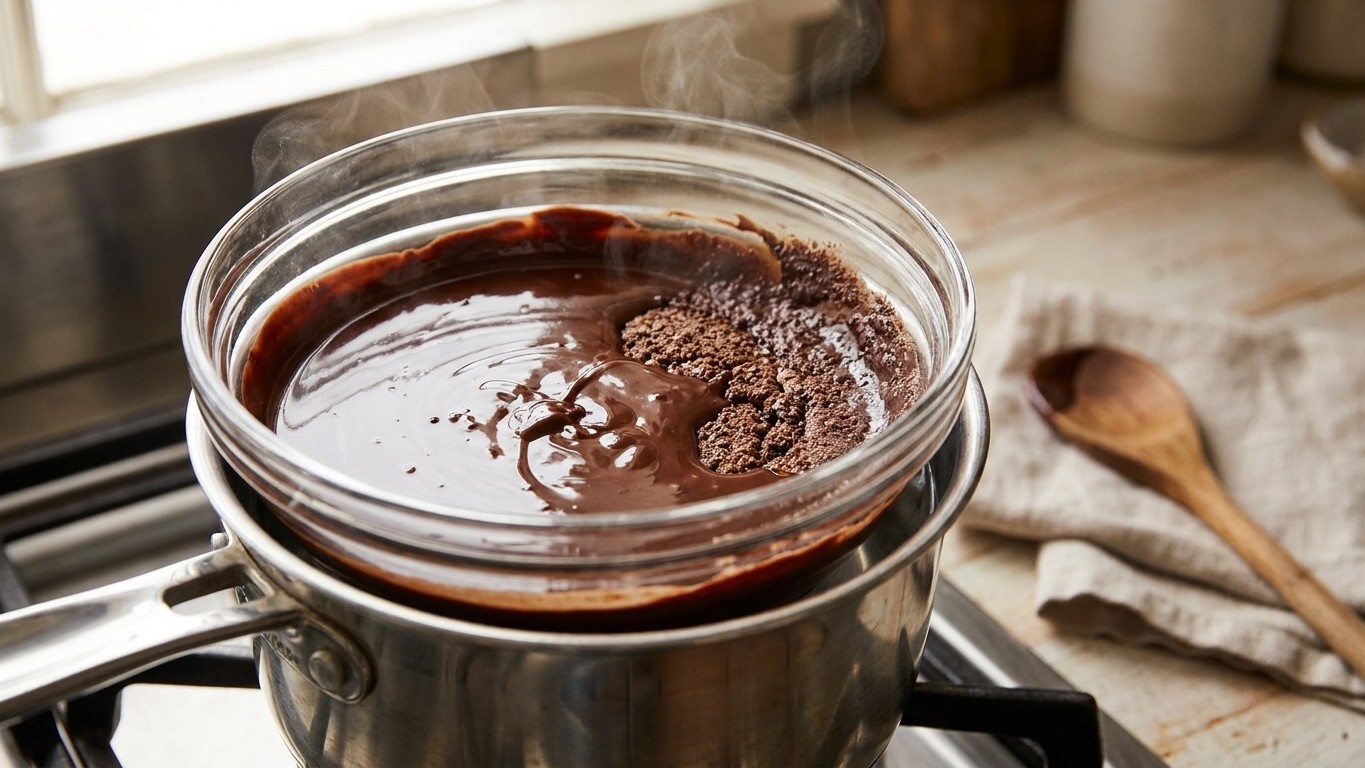 Je posais toujours le couvercle sur ma casserole pendant que le chocolat fondait au bain-marie : en soulevant au bout de d...