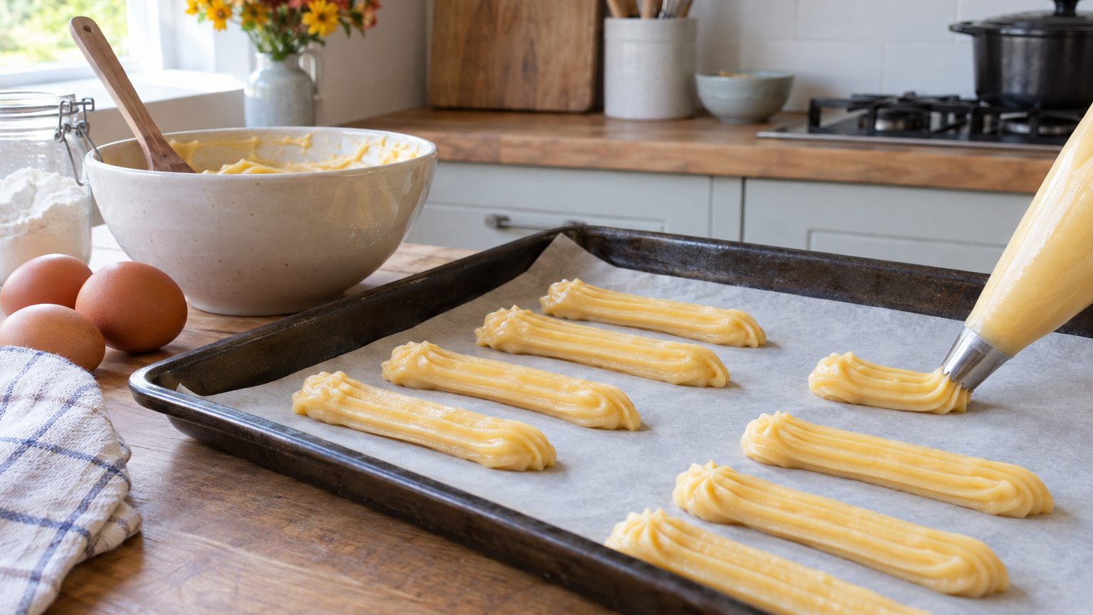 Éclairs qui craquent à la cuisson : douille cannelée, température et dressage pour des éclairs lisses